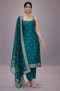 Women's Teal Blue Silk Embroidered Kurta Pant Set with Dupatta