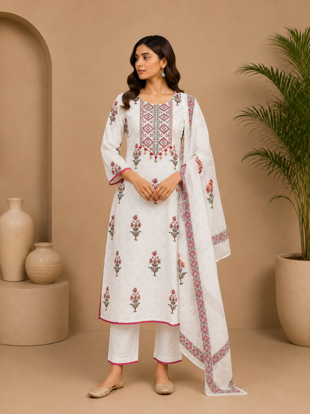 Women's Cotton Block Print Kurta Pant Set with Dupatta