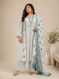 Women's Off-White & Teal Printed Cotton Kurta Pant Set with Dupatta