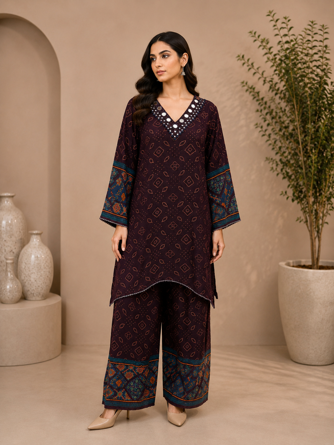 Women's Wine Rayon Kurta Palazzo Set with Mirror Work & Ethnic Print