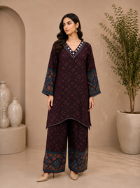Women's Wine Rayon Kurta Palazzo Set with Mirror Work & Ethnic Print