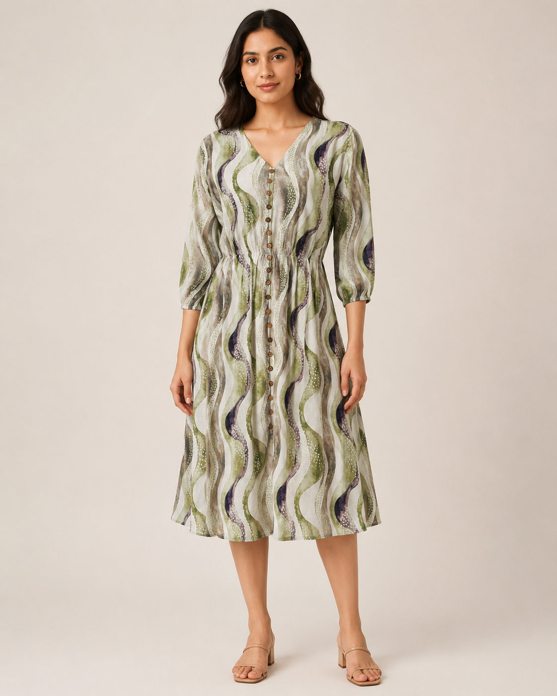 Imported Lycra Abstract Wave Print Fit & Flare Midi Dress – Olive Green