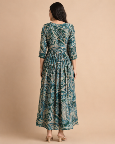 Teal Blue Imported Lycra Botanical Print Tiered Midi Dress
