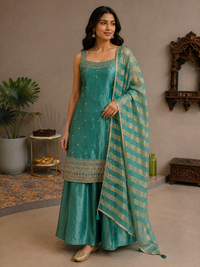 Teal Green Tissue Silk Kurta Sharara Set