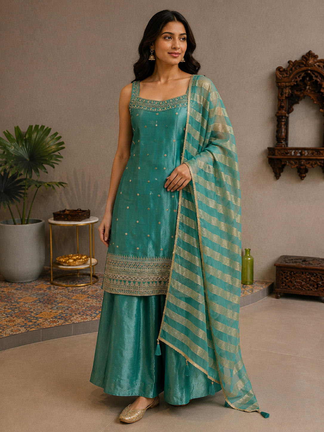 Teal Green Tissue Silk Kurta Sharara Set