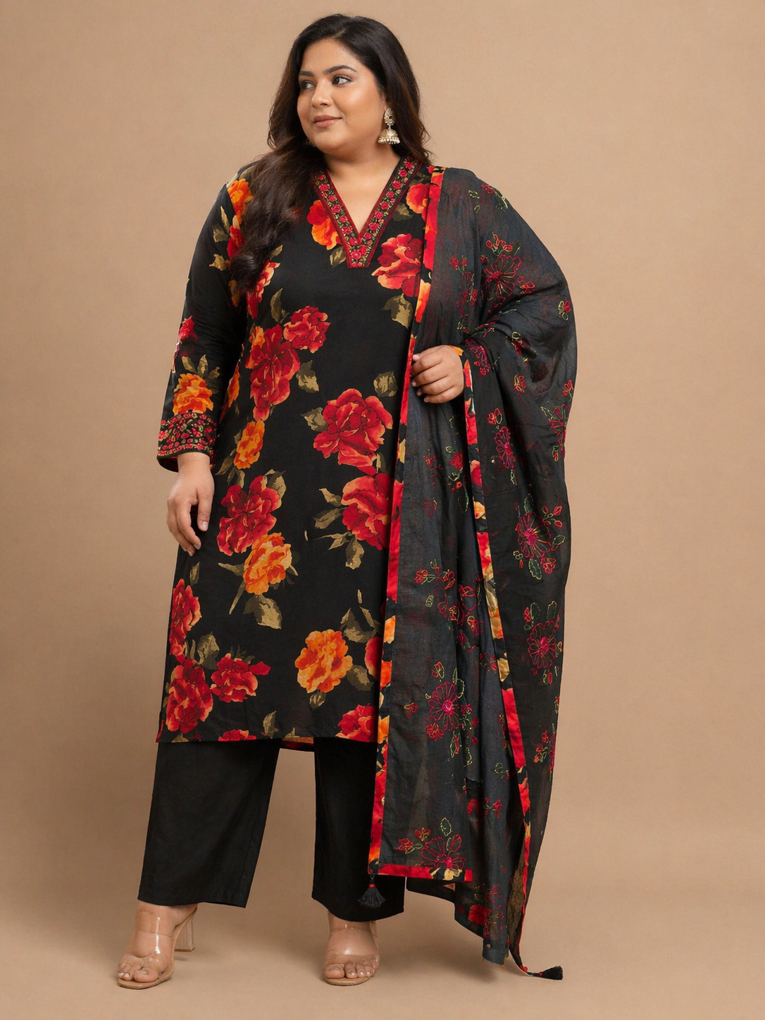 Women's Black Floral Printed Cotton Kurta Pant Set with Dupatta
