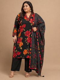 Women's Black Floral Printed Cotton Kurta Pant Set with Dupatta