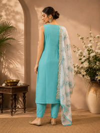 Aqua Blue Vichitra Silk Straight Suit Set with Embroidered Floral Dupatta