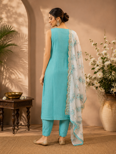 Aqua Blue Vichitra Silk Straight Suit Set with Embroidered Floral Dupatta