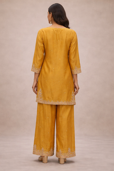 Mustard Yellow Silk Embroidered Kurta Pant Set