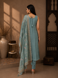 Premium Tissue Silk Straight Suit Set with Embroidered Tissue Dupatta – Aqua Blue