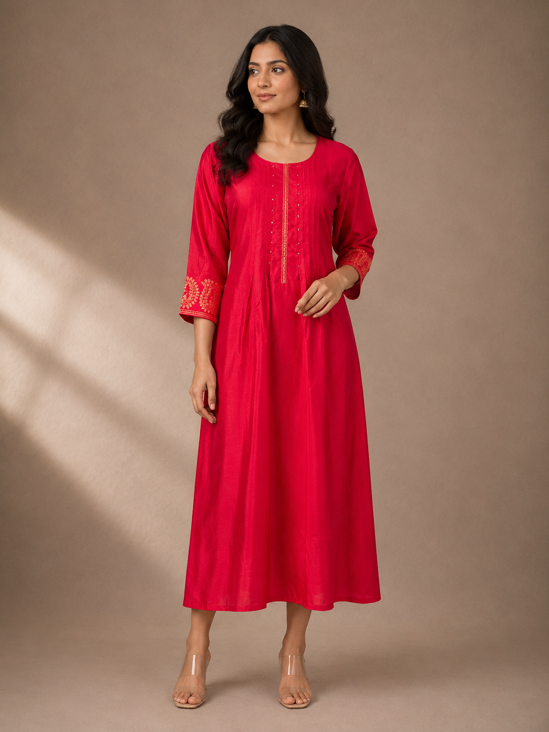 Rani Pink Soft Silk A-Line Kurta Dress with Embroidered Cuffs