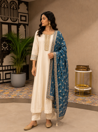 Ivory White Vichitra Silk A-Line Kurta Set with Embroidered Blue Dupatta