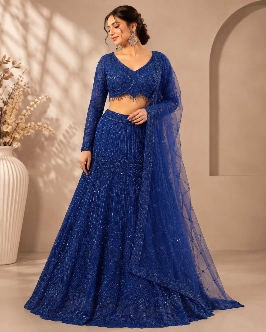 Royal Blue Sequins Embroidered Designer Lehenga Set with Net Dupatta