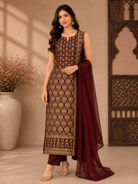 Elegant Maroon Brocade Silk Straight Suit Set with Chiffon Dupatta