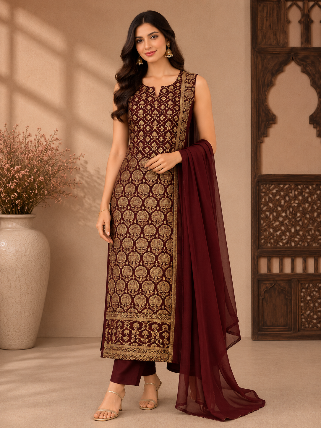 Elegant Maroon Brocade Silk Straight Suit Set with Chiffon Dupatta