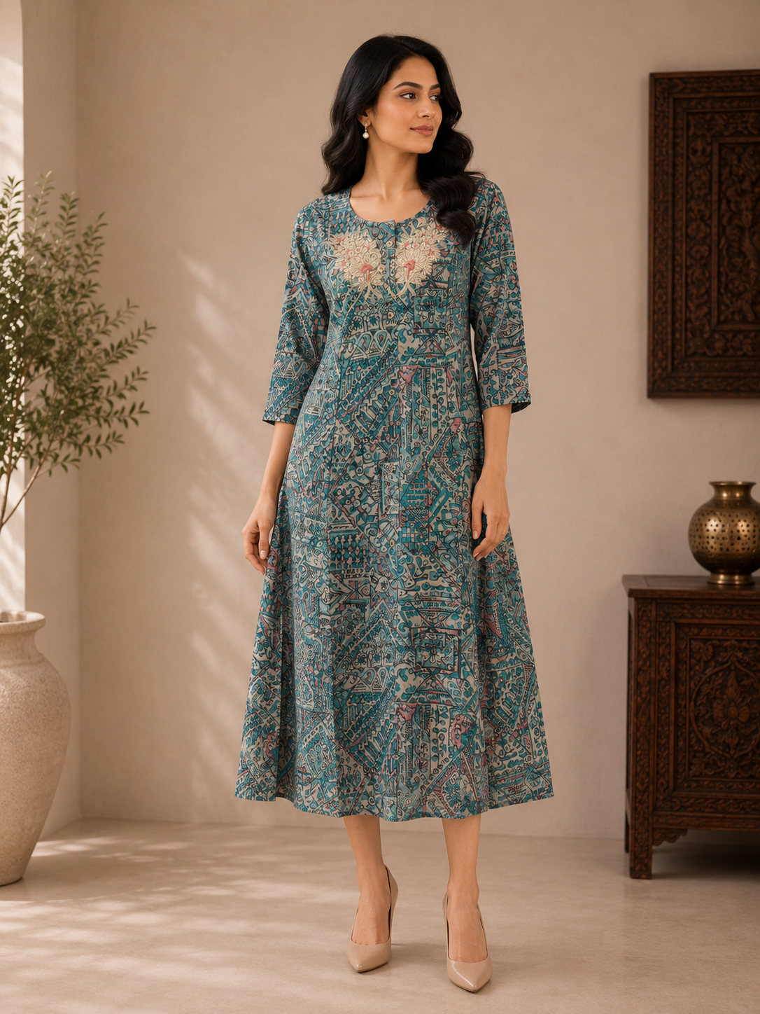 Teal Blue Muslin Silk Printed A-Line Dress for Women