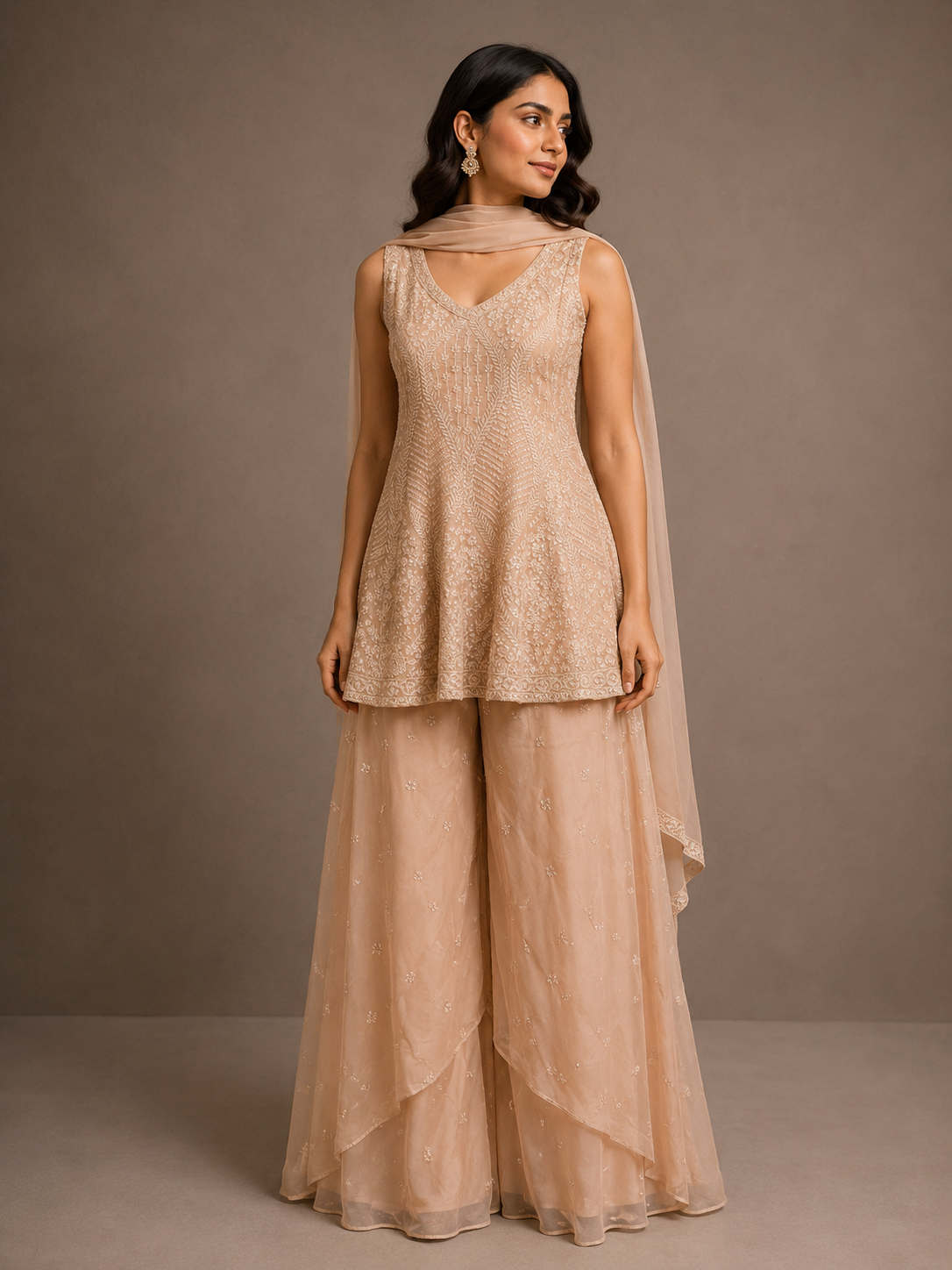 Beige Georgette Embroidered Sharara Suit with Dupatta