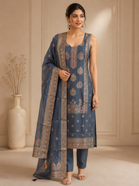 Premium Silk Straight Suit Set with Woven Organza Dupatta – Steel Blue