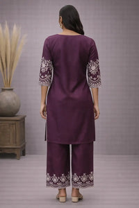 Women's Wine Embroidered Cotton Satin Kurta Palazzo Set