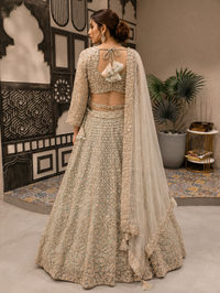 Sage Green Bridal Embroidered Lehenga Set with Net Dupatta