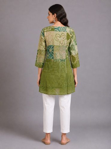 Olive Green Abstract Print Silk Long Top