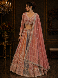 Women's Dusty Rose & Multicolor Embroidered Net Lehenga Choli with Dupatta