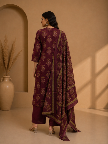 Wine Red Ethnic Printed Cotton Kurta Set with Dupatta