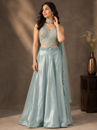 Ice Blue Tissue Silk Lehenga Set with Embroidered Corset Blouse