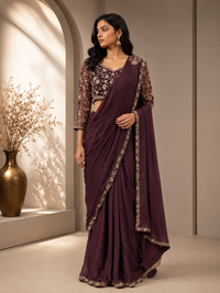 Premium Silk Embroidered Saree with Designer Blouse – Deep Plum