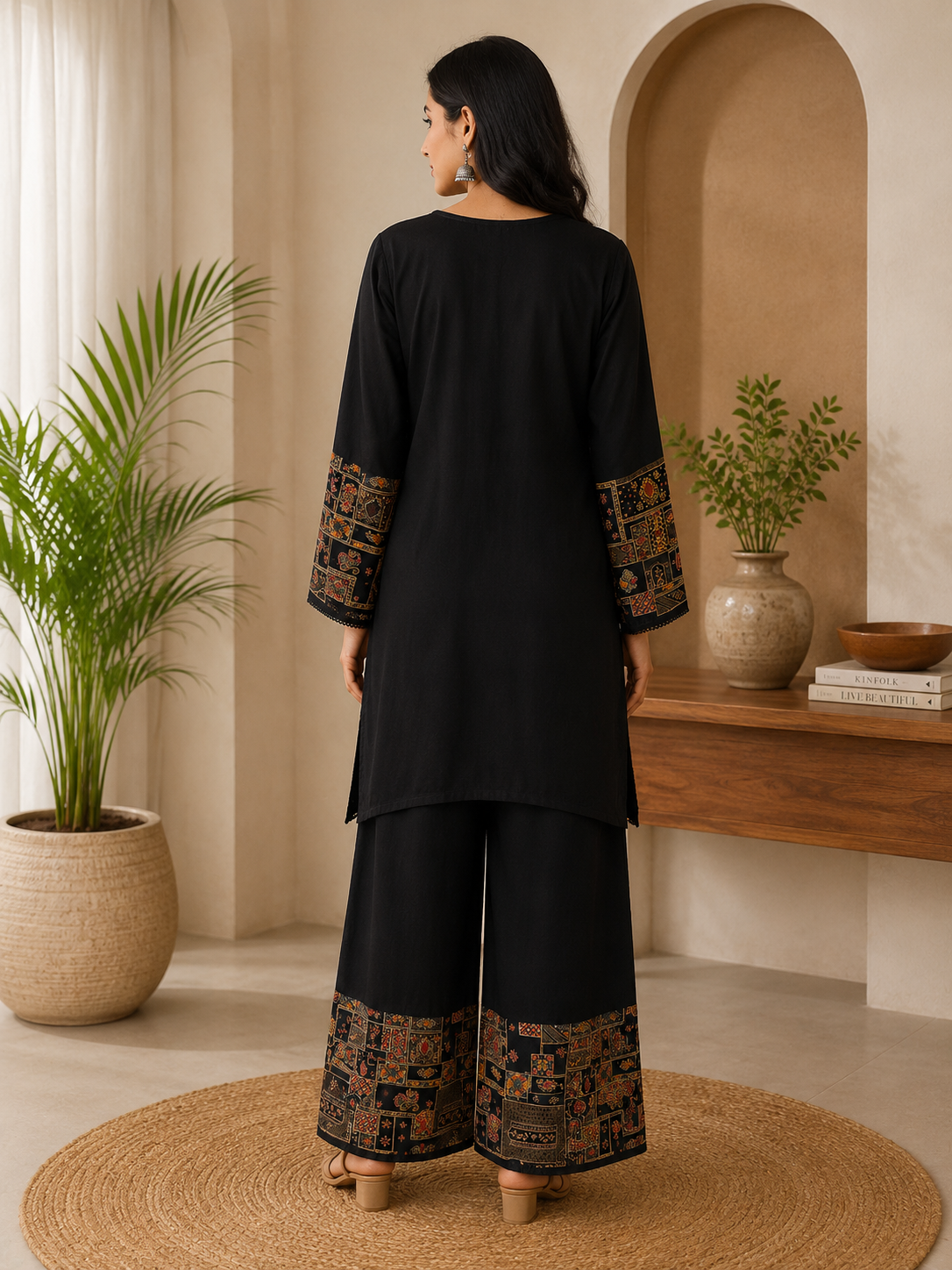 Women's Black Rayon Kurta Palazzo Set with Mirror Work