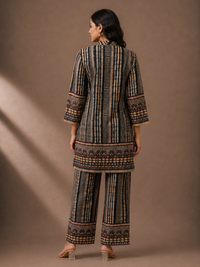 Black & Beige Printed Silk Blend Kurta Pant Set