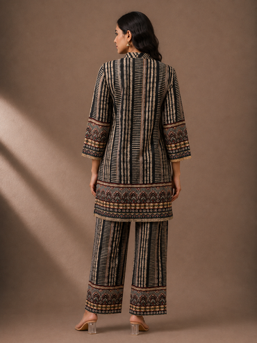Black & Beige Printed Silk Blend Kurta Pant Set