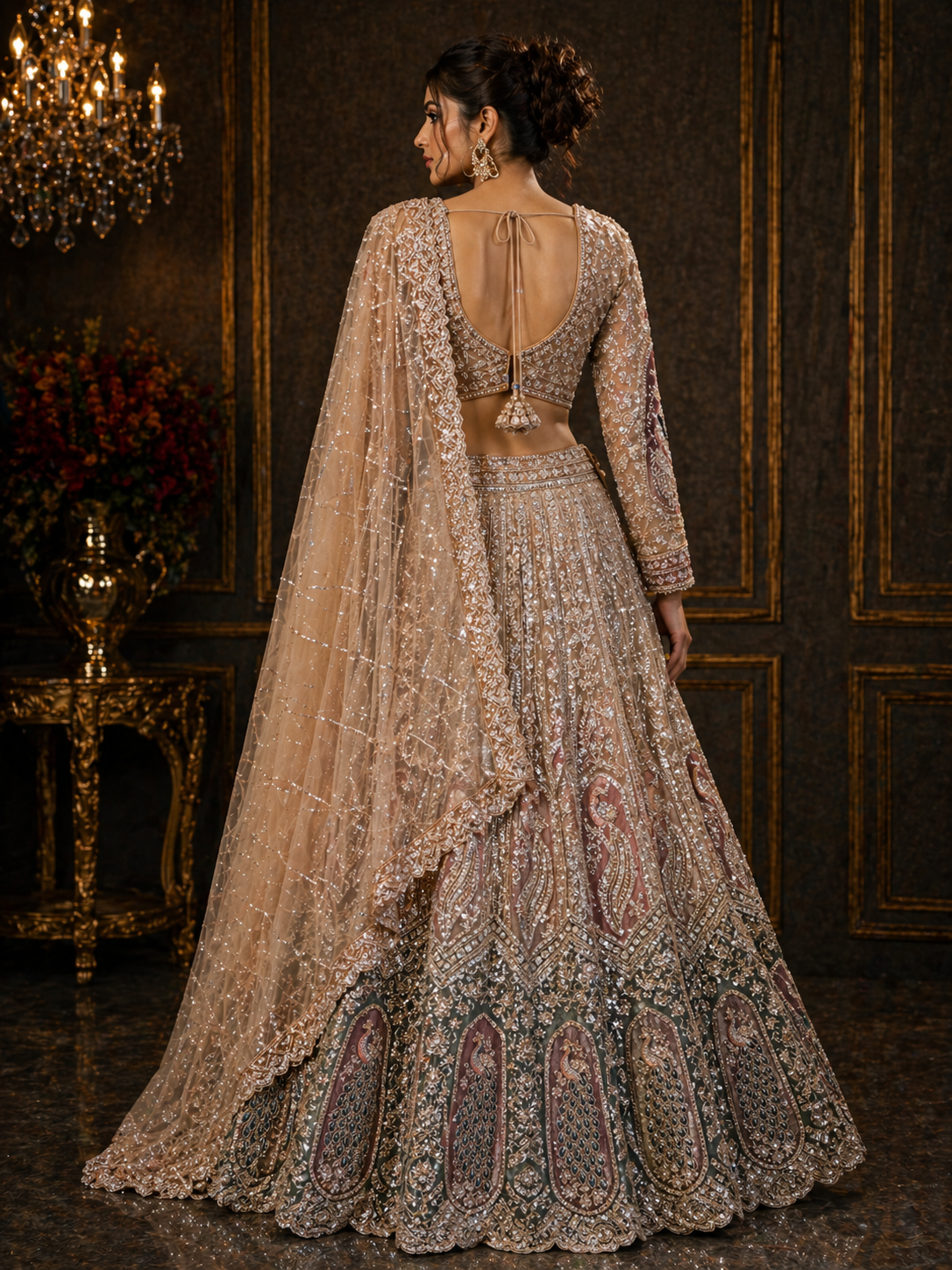 Champagne Gold & Wine Embroidered Bridal Lehenga Set with Net Dupatta
