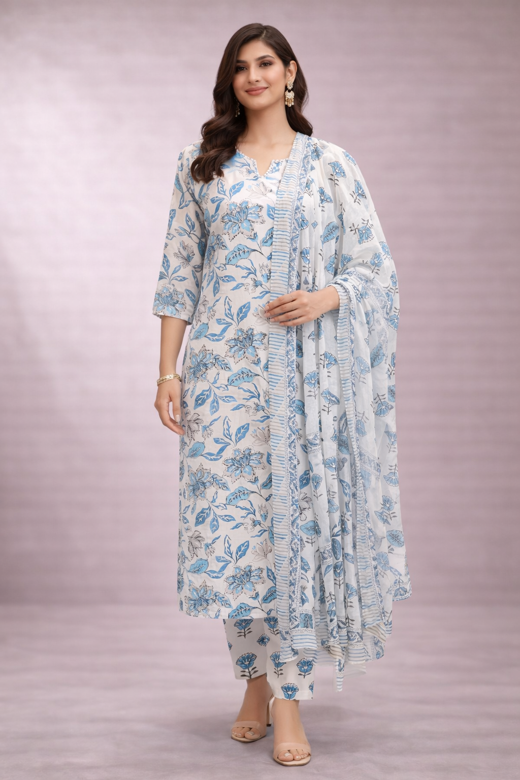 White & Blue Floral Cotton Kurta Set with Dupatta