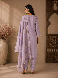 Elegant Lavender Silk Straight Suit Set with Embroidered Dupatta