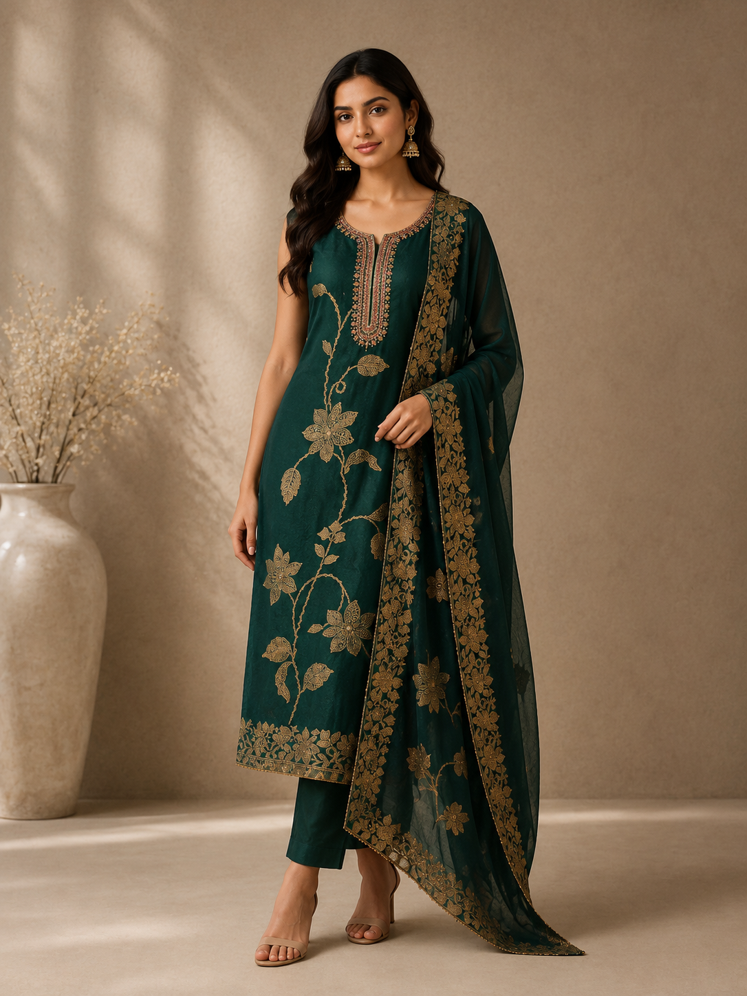 Elegant Emerald Green Silk Straight Suit Set with Floral Woven Dupatta