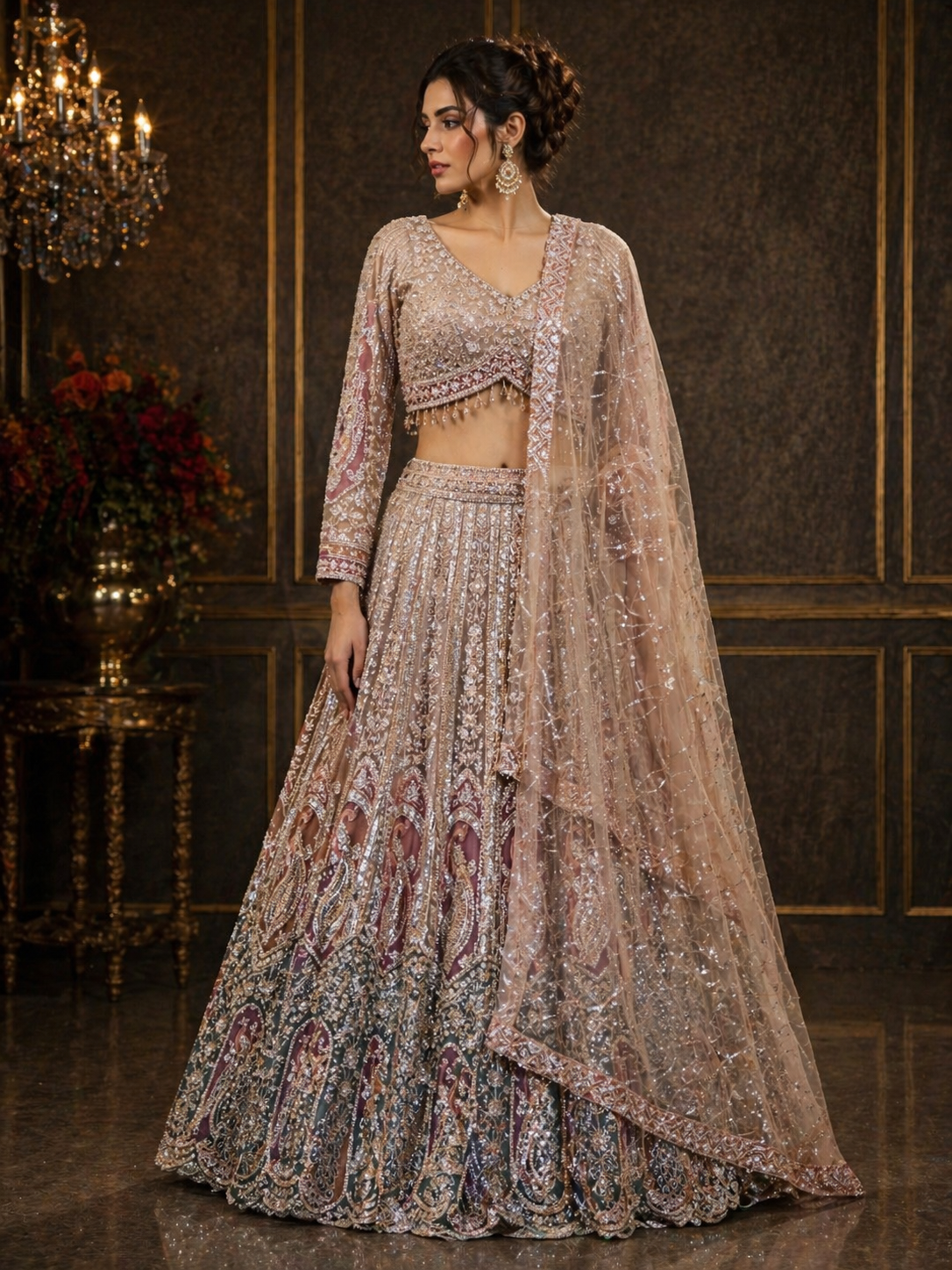 Champagne Gold & Wine Embroidered Bridal Lehenga Set with Net Dupatta
