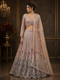 Champagne Gold & Wine Embroidered Bridal Lehenga Set with Net Dupatta