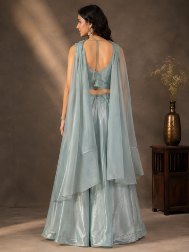 Ice Blue Tissue Silk Lehenga Set with Embroidered Corset Blouse