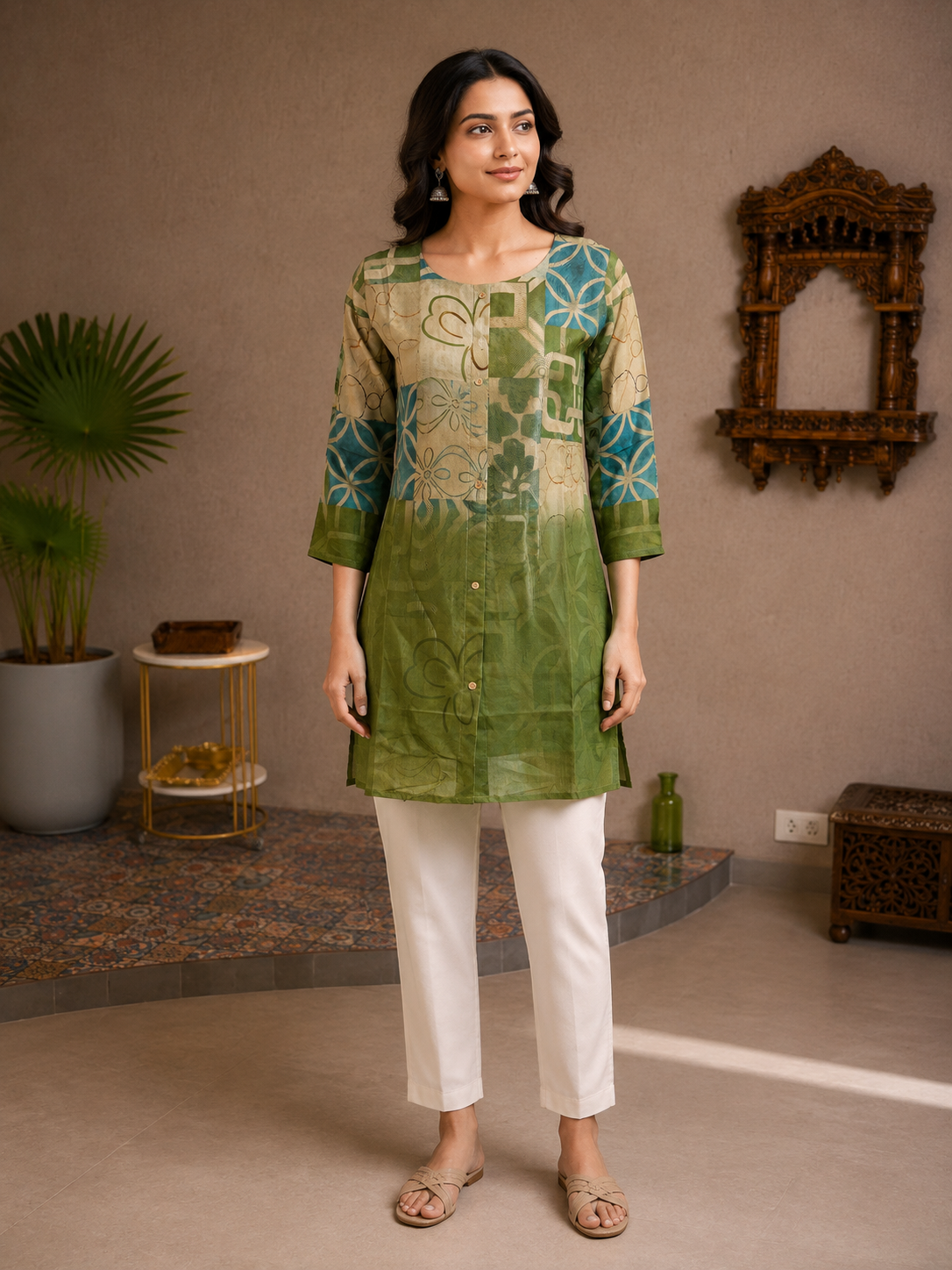 Olive Green Abstract Print Silk Long Top