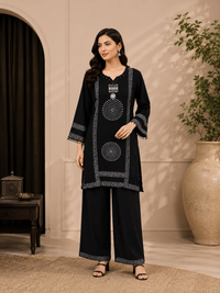 Women's Black Bandhani Print Rayon Kurta Palazzo Set with Mirror Work