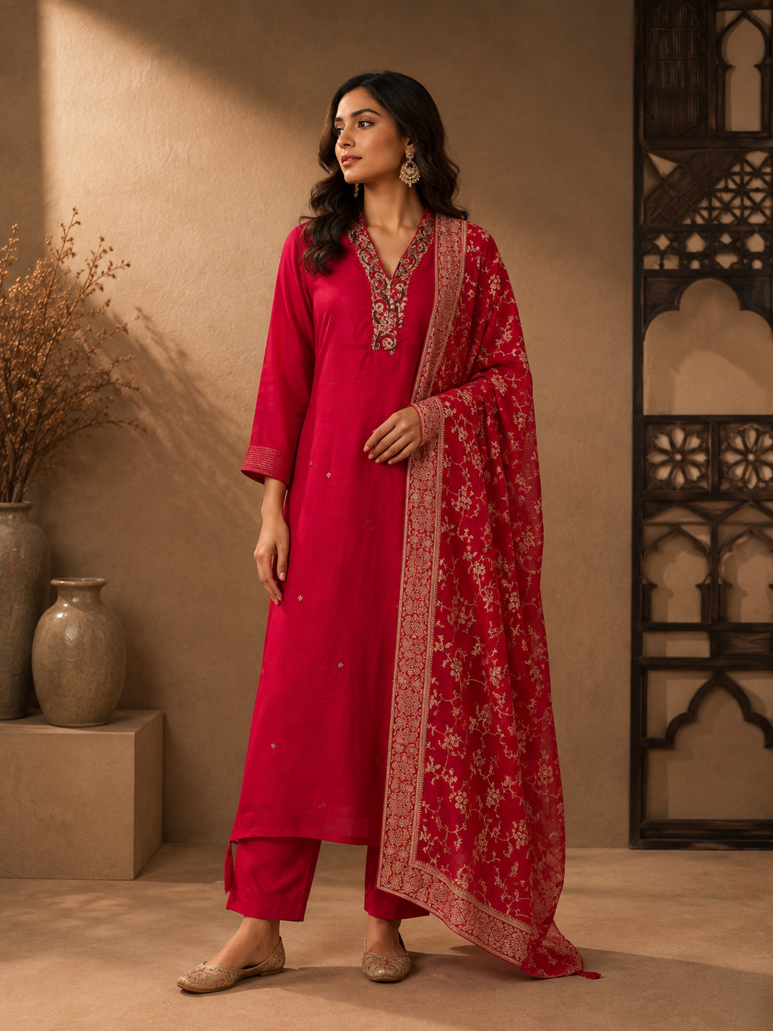 Ruby Red Vichitra Silk Embroidered Straight Cut Suit Set with Woven Dupatta
