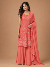 Coral Embroidered Kurta with Sharara & Dupatta Set | Festive & Occasion Wear