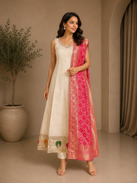 Ivory Silk Embroidered Anarkali Kurta Set with Pink Banarasi Dupatta