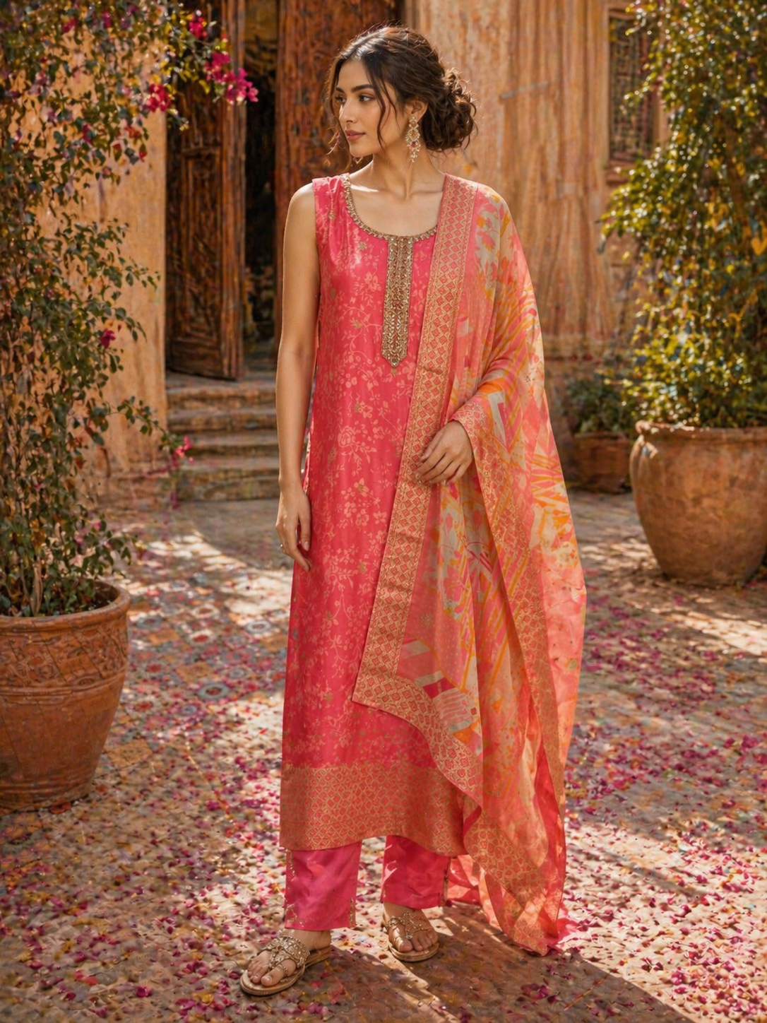 Coral Pink Silk Straight Suit Set with Gold Woven Detailing & Dupatta