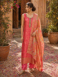 Coral Pink Silk Straight Suit Set with Gold Woven Detailing & Dupatta