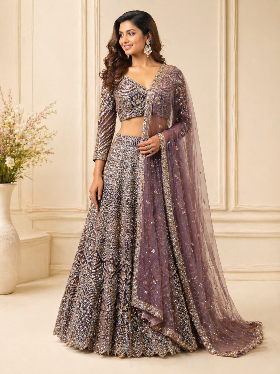 Women's Mauve & Silver Heavy Embroidered Net Lehenga Choli with Dupatta