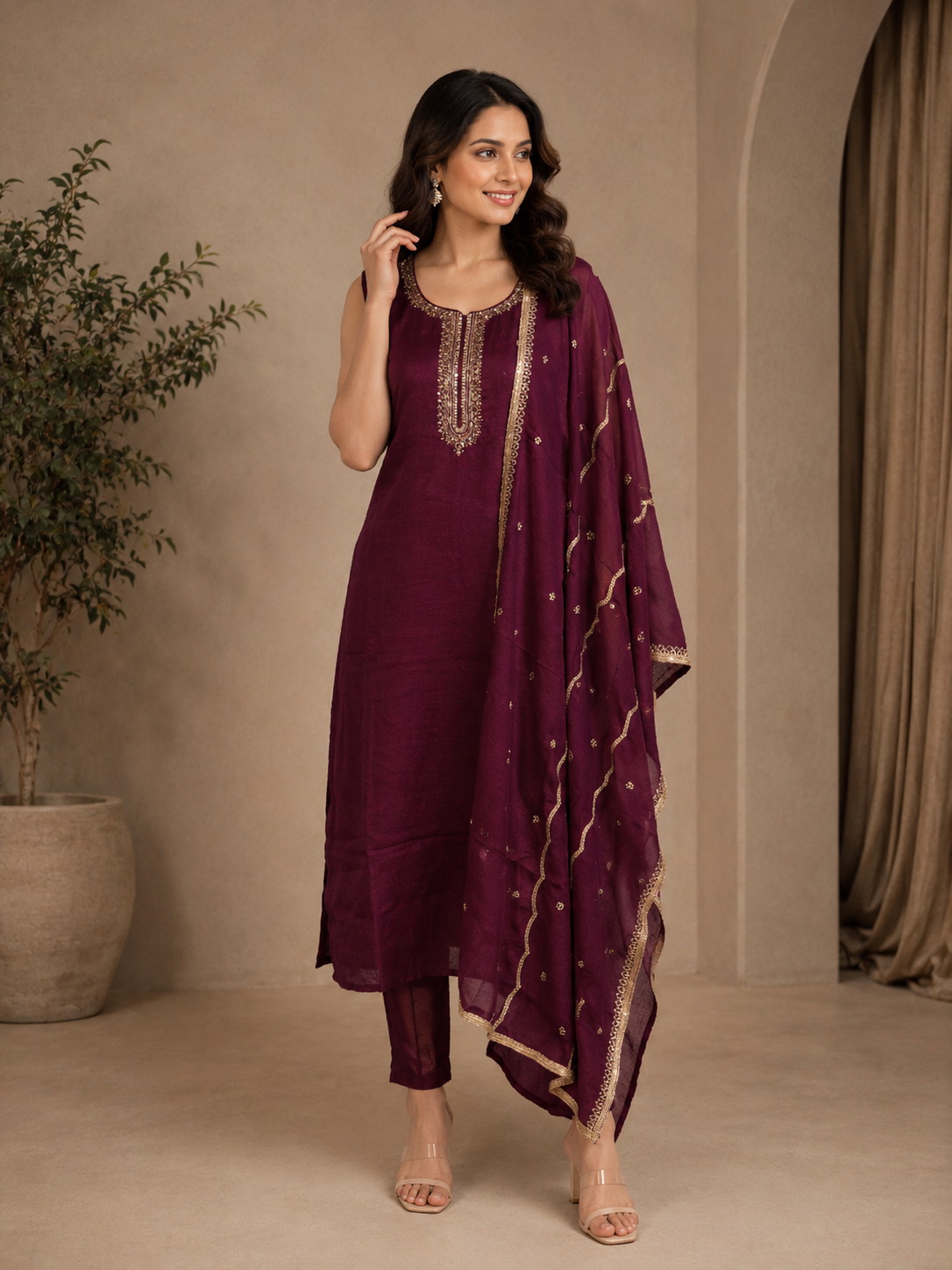 Wine Silk Embroidered Kurta Set with Designer Dupatta