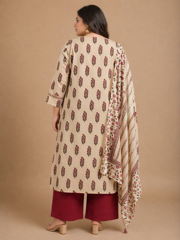 Beige & Maroon Printed Cotton Kurta Set with Dupatta (Plus Size Friendly)
